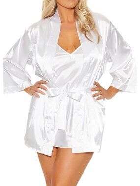Plus Size White Charmeuse Kimono Robe Sexy Lingerie Robe